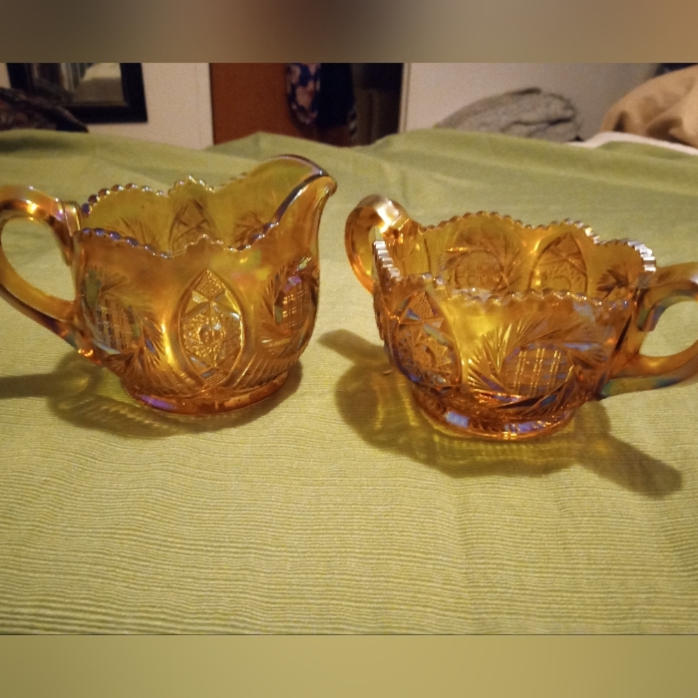 Indiana Glass Co Iridescent Marigold Glass Cream and Sugar Set